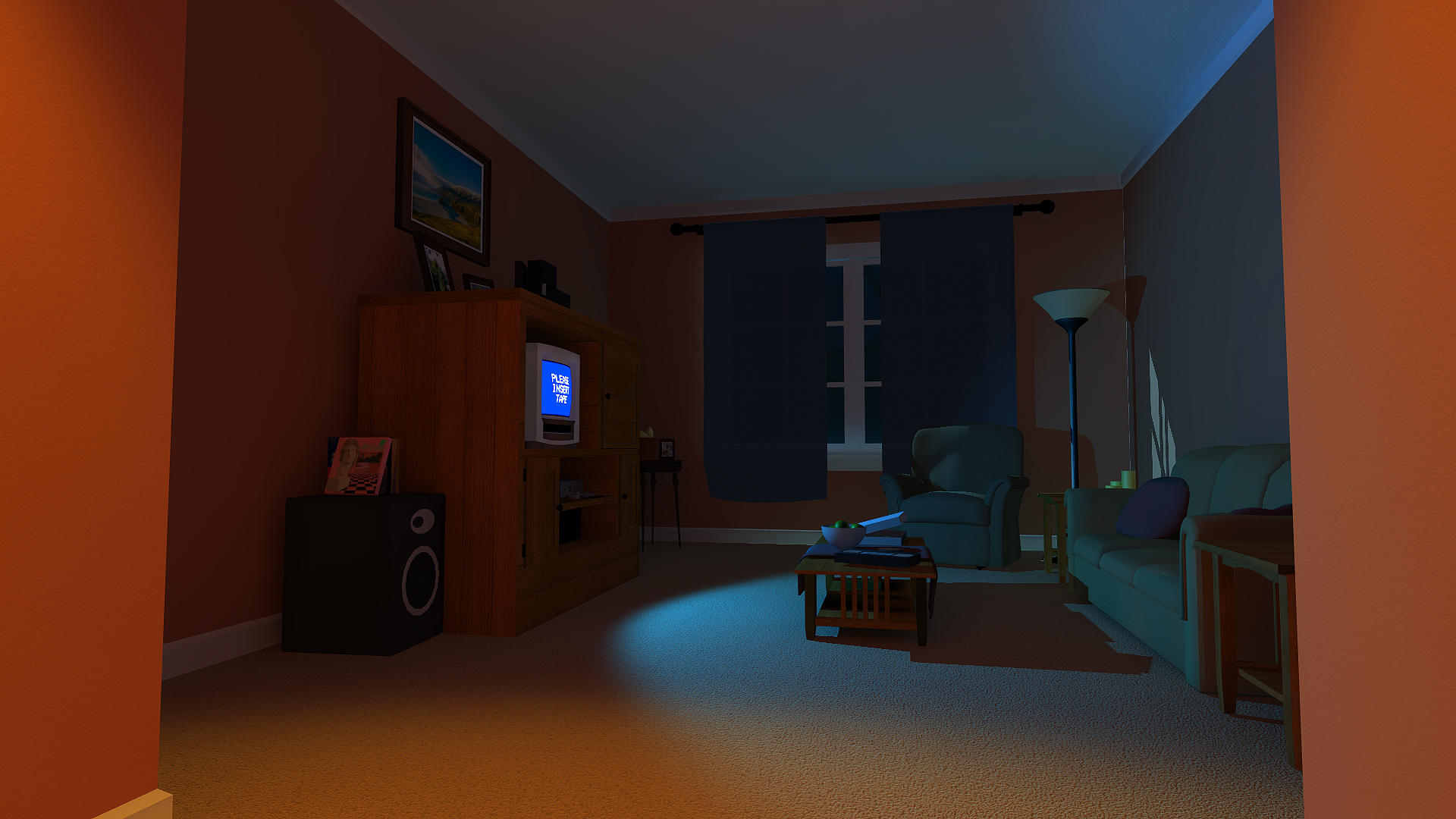 The living room where the game begins. The prop modeling was done by my friend and co-lead Rhiannan Berry.